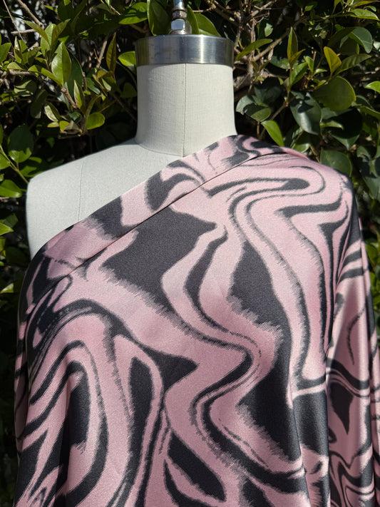 Baby Pink Black Marble Swirl Ripple Stripes Polyester Charmeuse "Fudge N Strawberry Cream"