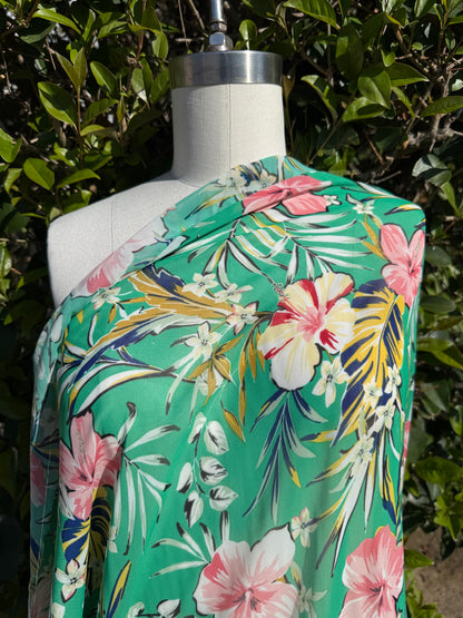 Green Pink White Red Blue Hibiscus Large Floral Print Polyester Chiffon "Sharon's Vacation"