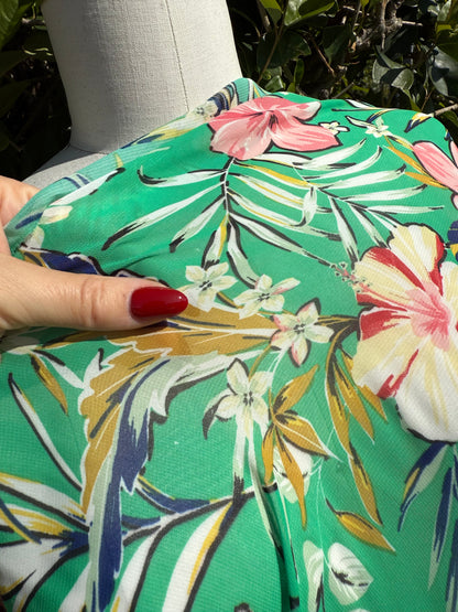 Green Pink White Red Blue Hibiscus Large Floral Print Polyester Chiffon "Sharon's Vacation"