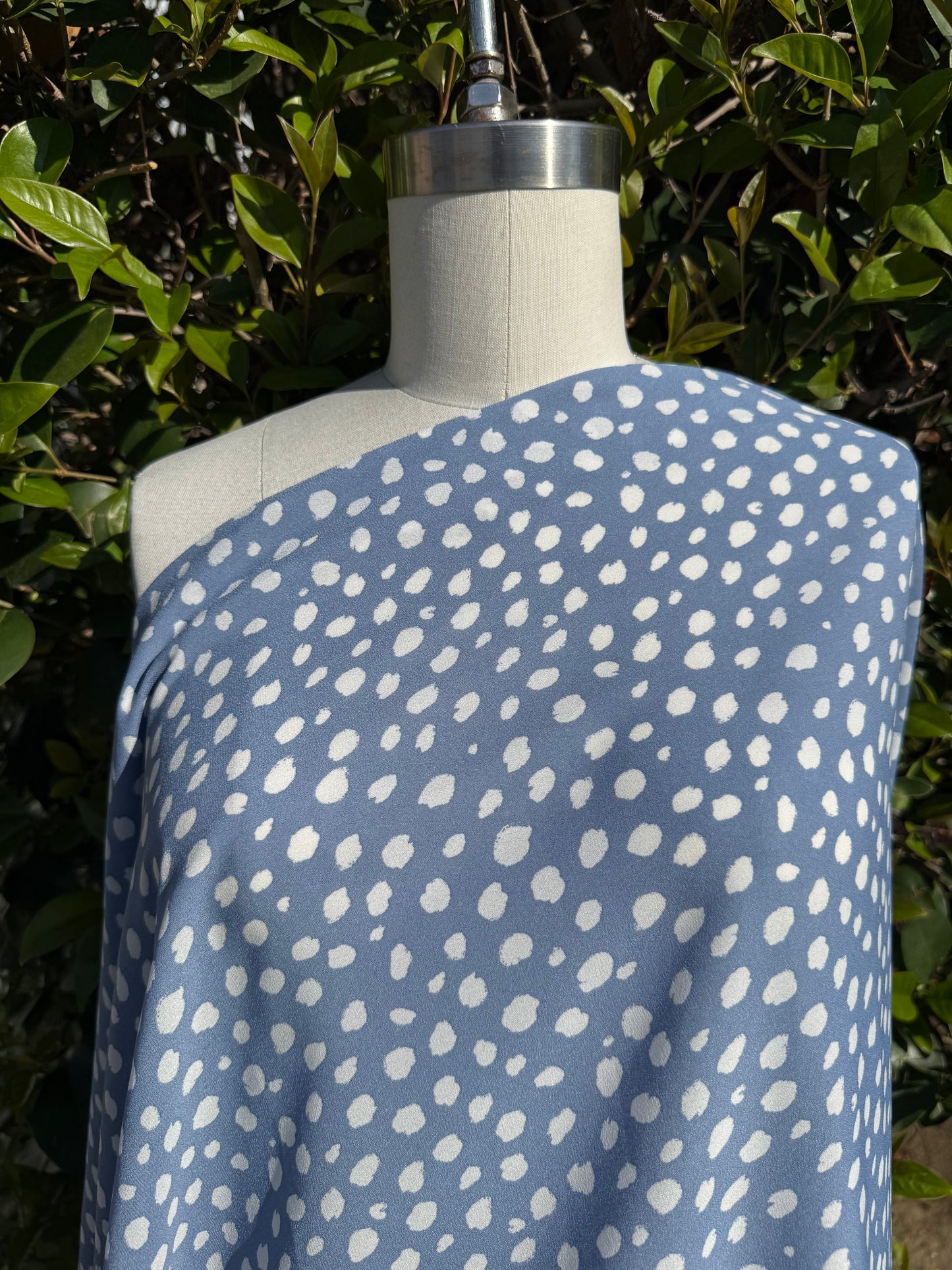 Dust Blue White Abstract Dot Print Polyester Wool Dobby Crepe "Sally's Blue Chip "