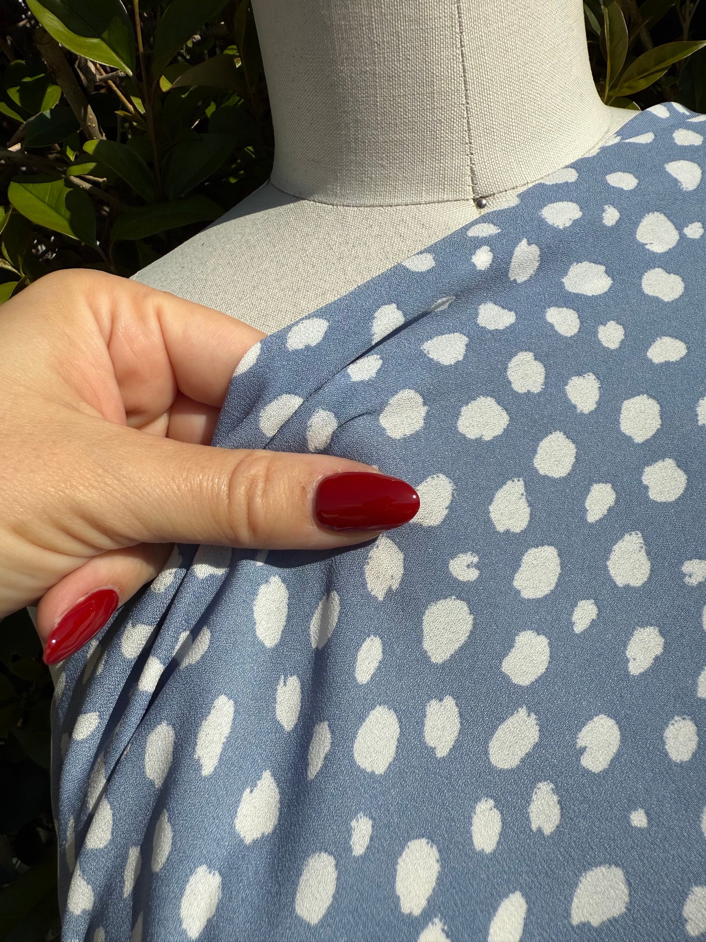 Dust Blue White Abstract Dot Print Polyester Wool Dobby Crepe "Sally's Blue Chip "