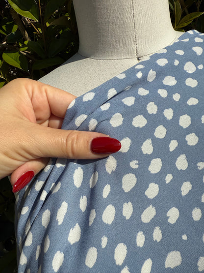 Dust Blue White Abstract Dot Print Polyester Wool Dobby Crepe "Sally's Blue Chip "