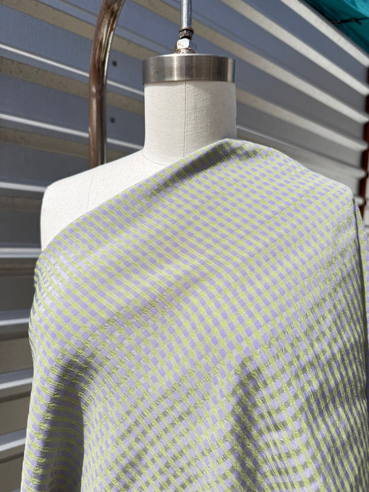 Lime Green Lavender Purple Gingham Plaid Vintage Rayon Crepe Woven ‘Rugrat Picnic'