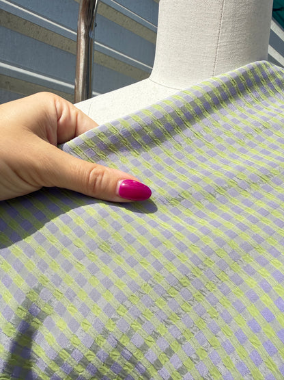 Lime Green Lavender Purple Gingham Plaid Vintage Rayon Crepe Woven ‘Rugrat Picnic'