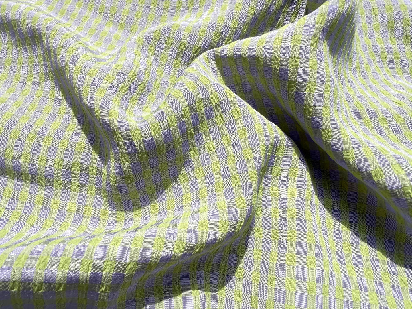 Lime Green Lavender Purple Gingham Plaid Vintage Rayon Crepe Woven ‘Rugrat Picnic'