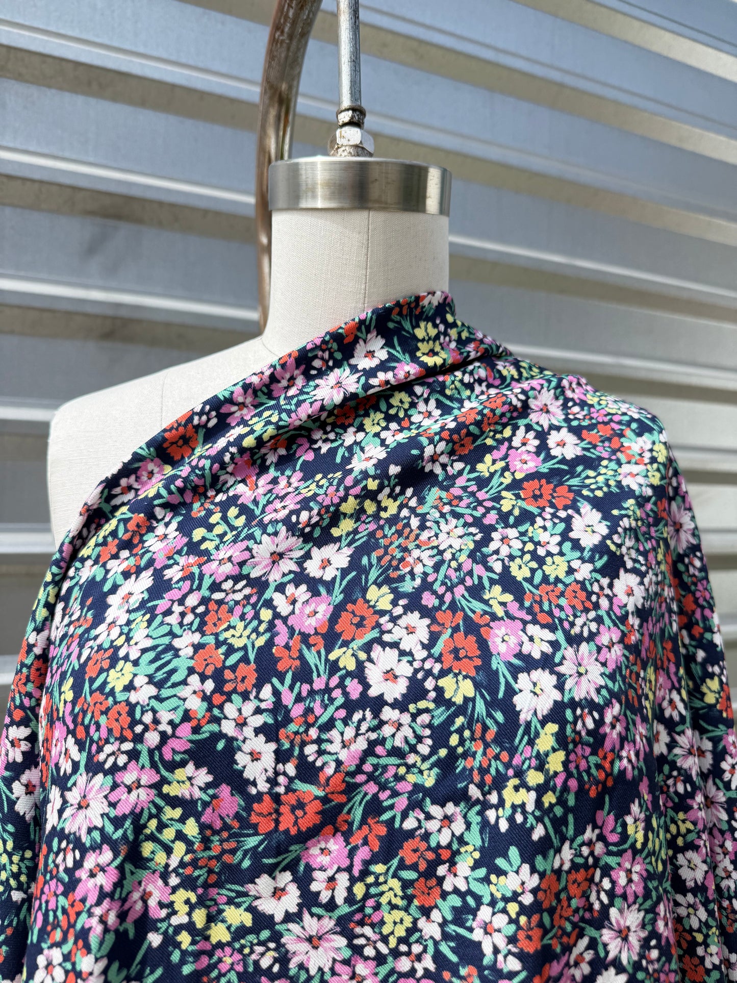 Blue Pink White Green Floral Print Rayon Twill Challis Woven ‘Garden Reform'