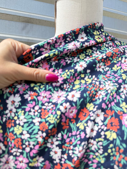Blue Pink White Green Floral Print Rayon Twill Challis Woven ‘Garden Reform'