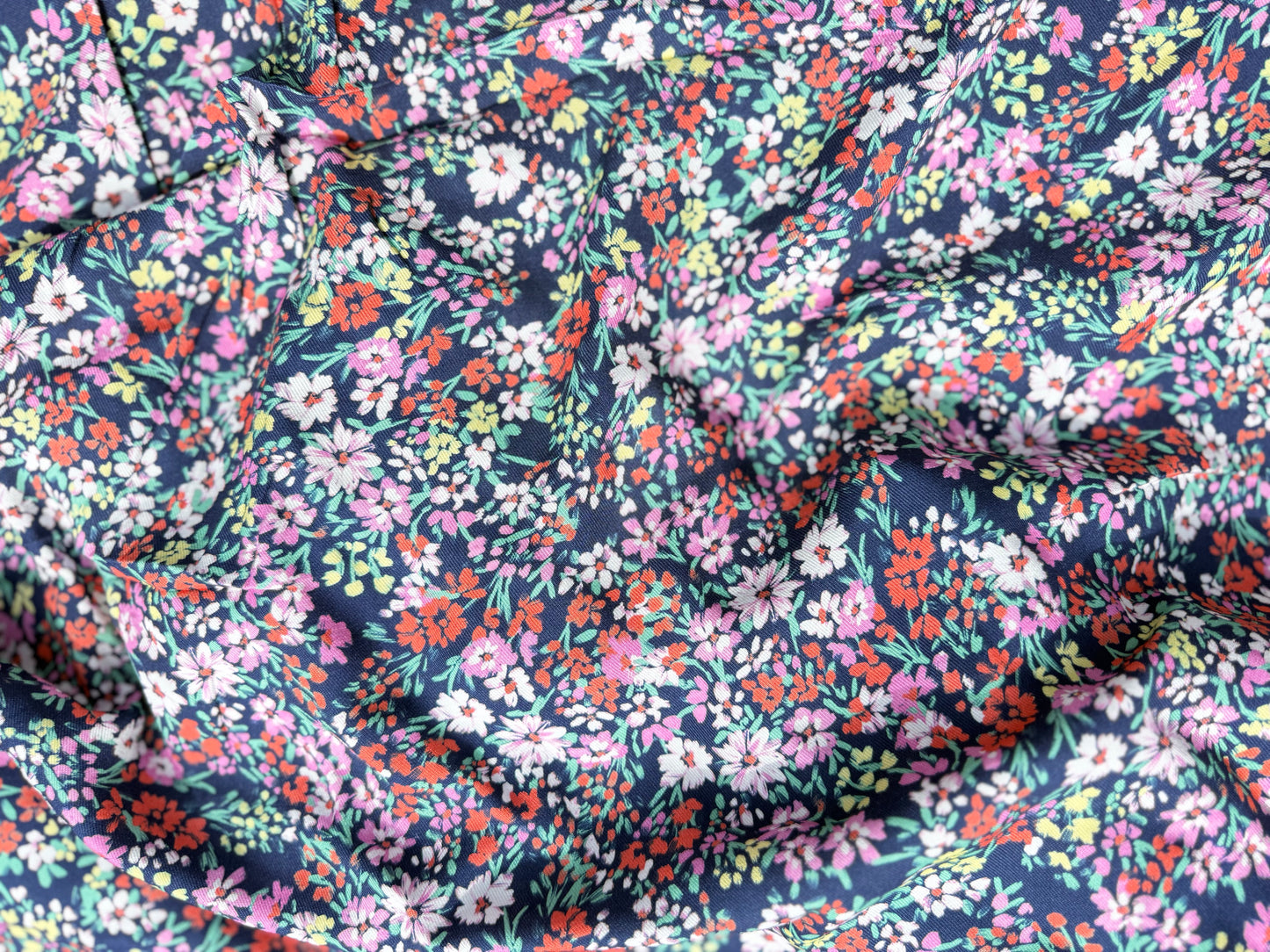 Blue Pink White Green Floral Print Rayon Twill Challis Woven ‘Garden Reform'