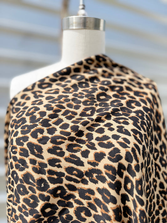 Tan Black Leopard Print Rayon Crepe Woven ‘Sweet Kitty'