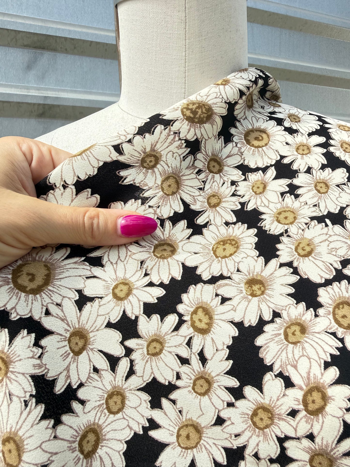 Black White Daisy Rayon Crepe "Little Daisy"