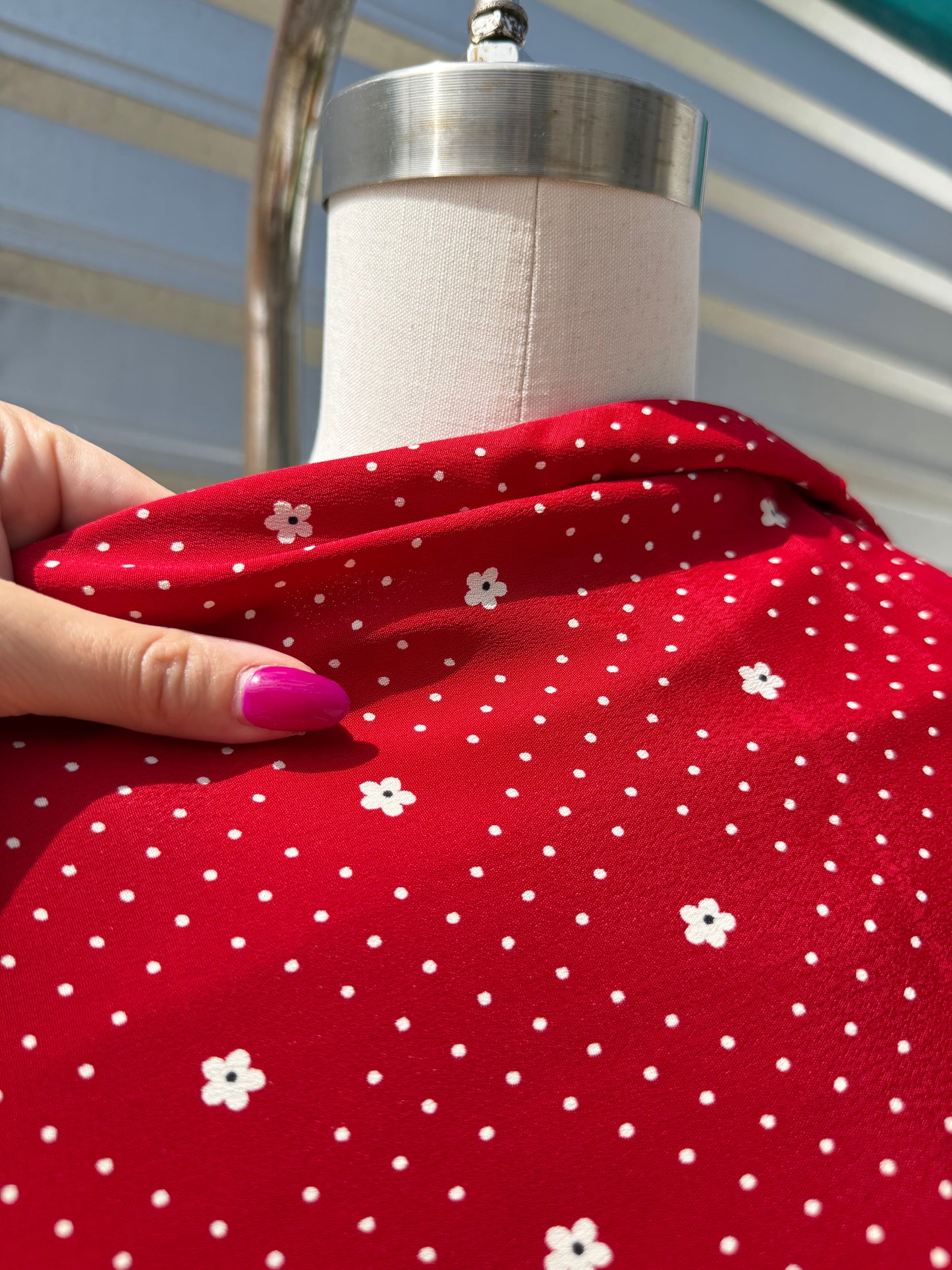 Red White Daisy Polkadot Rayon Crepe "Lazy Linda"