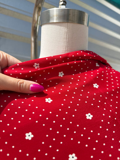 Red White Daisy Polkadot Rayon Crepe "Lazy Linda"