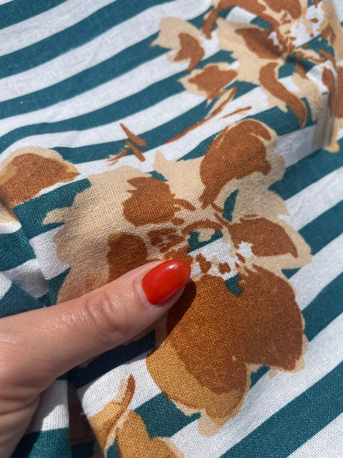Teal White Stripe Tan Tropical Floral Print Cotton Linen Fabric "Hampton Hottie"