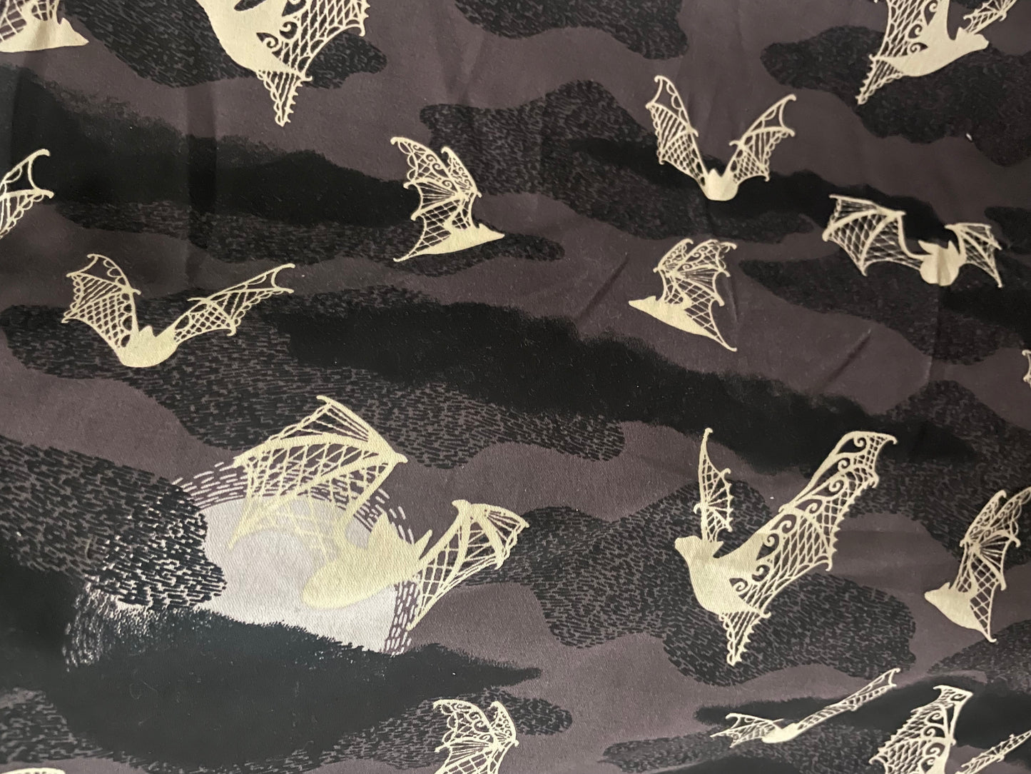 Black Grey Cream bat Animal Halloween Print Cotton/Spandex Sateen "Batty Lace"
