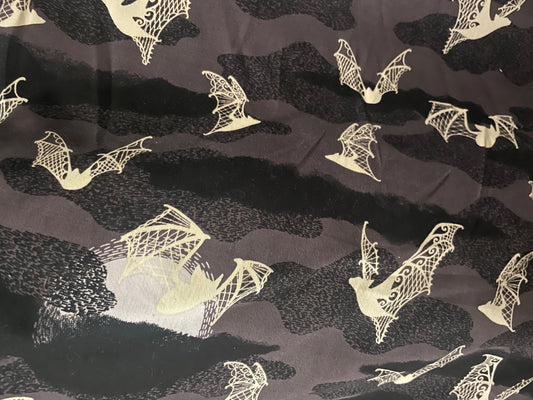 Black Grey Cream bat Animal Halloween Print Cotton/Spandex Sateen "Batty Lace"