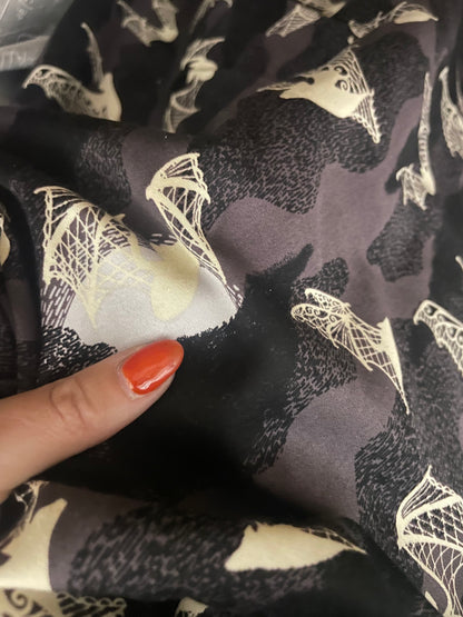 Black Grey Cream bat Animal Halloween Print Cotton/Spandex Sateen "Batty Lace"