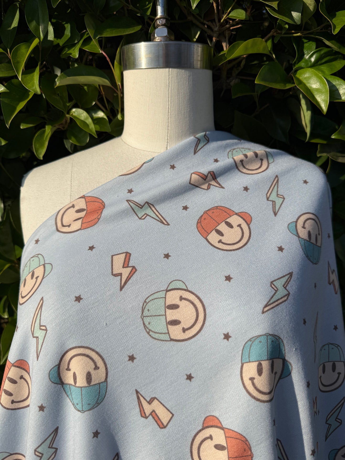 Baby Blue Yellow Orange Black Light Green Ditsy Star Lighting Bolt Hat Smiley Face Rayon Spandex French Terry "Stoked Smiles"