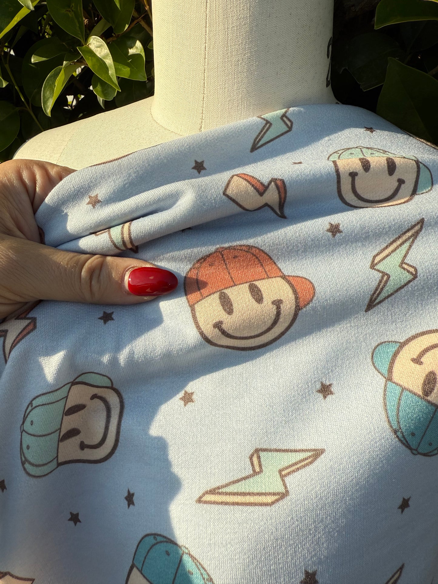 Baby Blue Yellow Orange Black Light Green Ditsy Star Lighting Bolt Hat Smiley Face Rayon Spandex French Terry "Stoked Smiles"