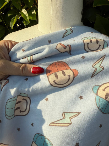 Baby Blue Yellow Orange Black Light Green Ditsy Star Lighting Bolt Hat Smiley Face Rayon Spandex French Terry "Stoked Smiles"