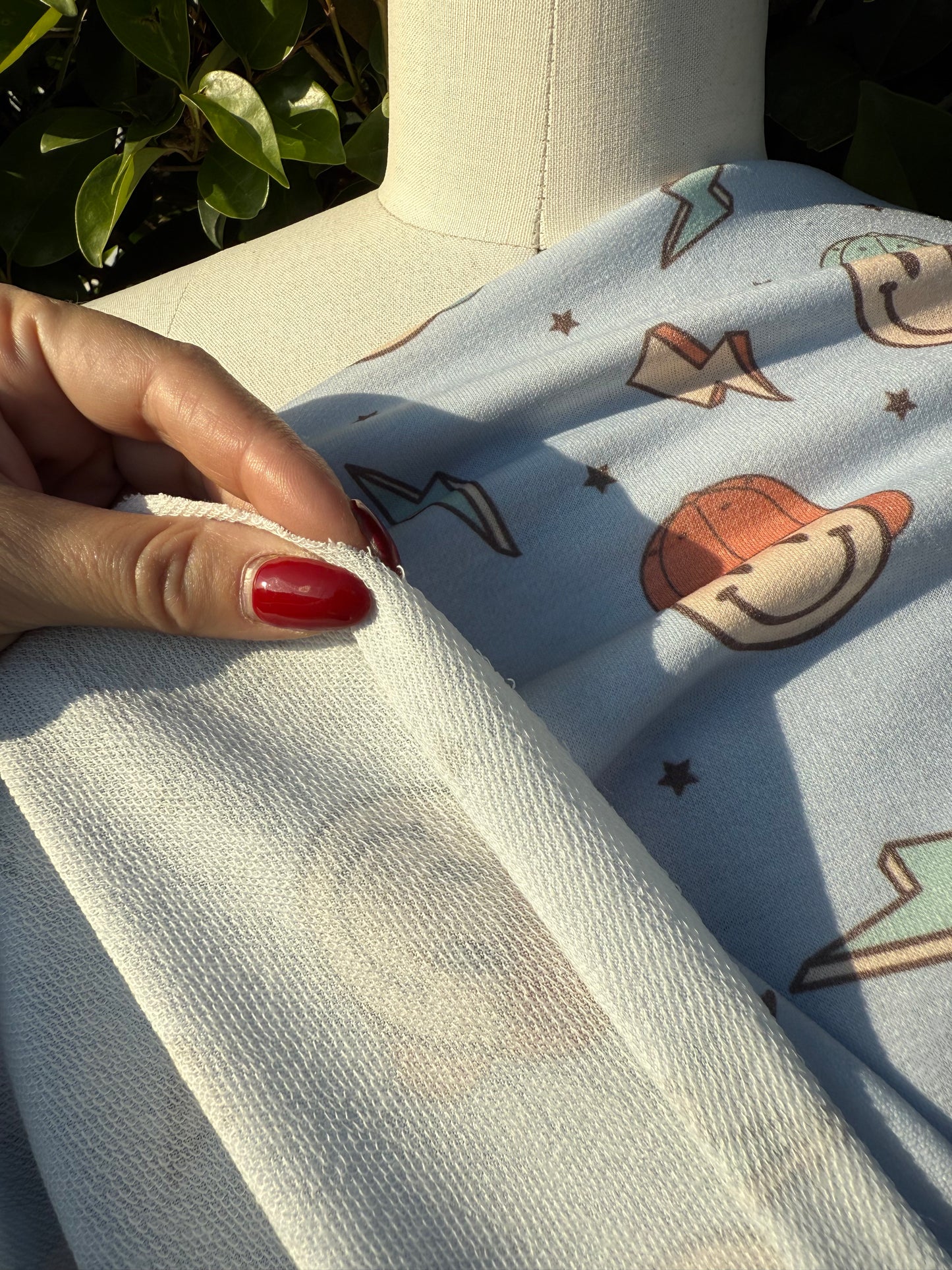 Baby Blue Yellow Orange Black Light Green Ditsy Star Lighting Bolt Hat Smiley Face Rayon Spandex French Terry "Stoked Smiles"