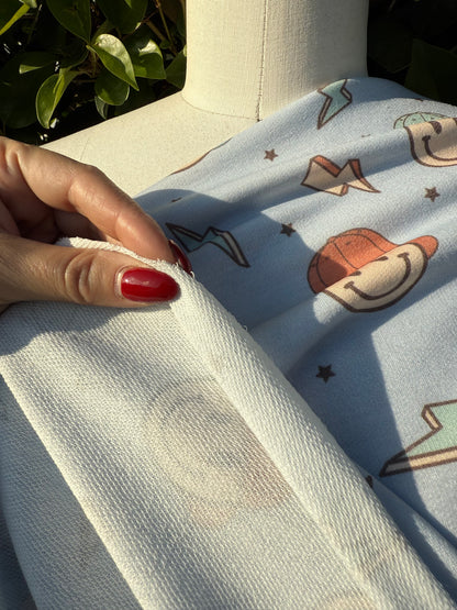 Baby Blue Yellow Orange Black Light Green Ditsy Star Lighting Bolt Hat Smiley Face Rayon Spandex French Terry "Stoked Smiles"