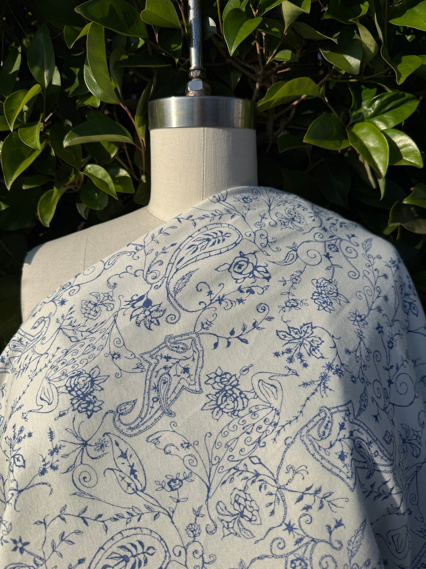 Blue White Line Art Peacock Paisley Floral Rayon Spandex "Delicate Dynasty "