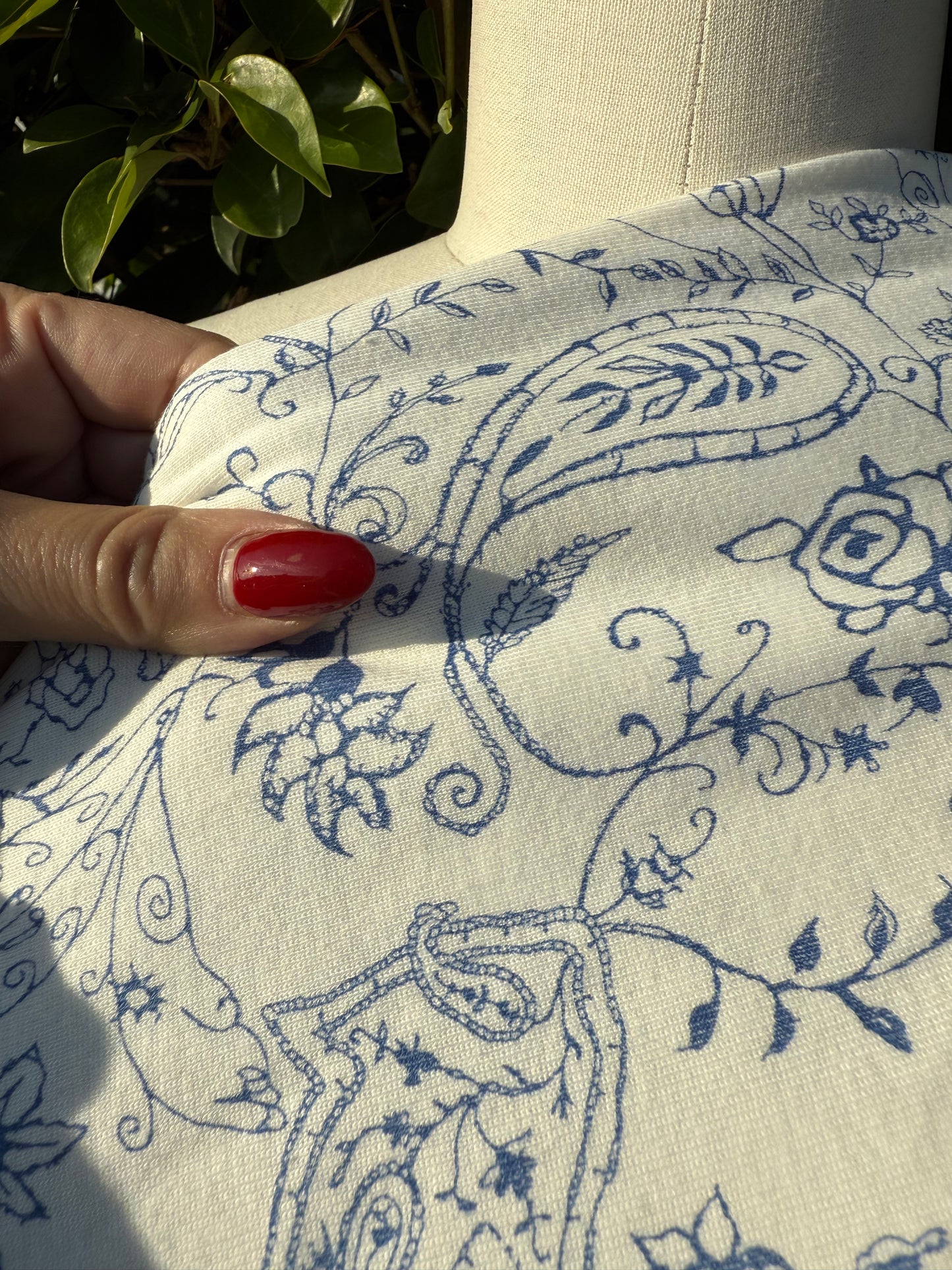 Blue White Line Art Peacock Paisley Floral Rayon Spandex "Delicate Dynasty "
