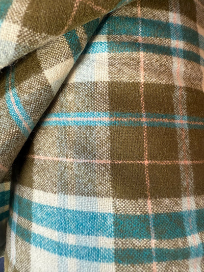 Olive Green Turquoise Blue Yellow Plaid Wool Flannel Woven Fabric Sold by The Yard "Mount Cleveland"