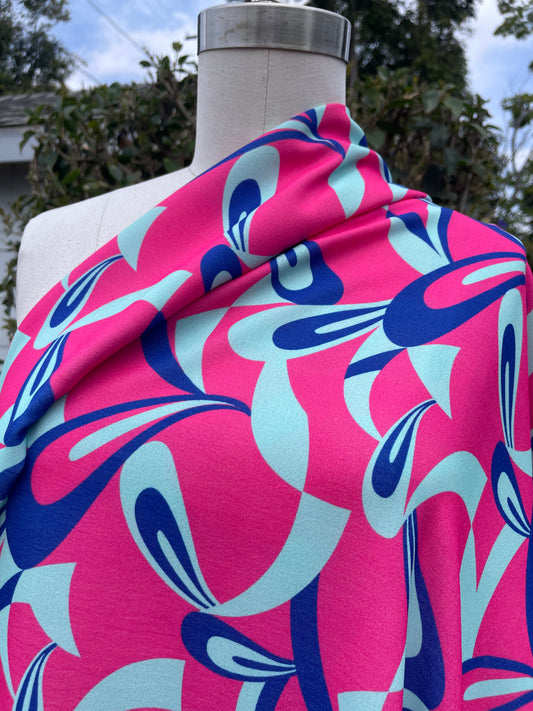Pink Aqua Blue Abstrac Geormetric Retro Swirl Polyester Woven " Yeah, Baby!"