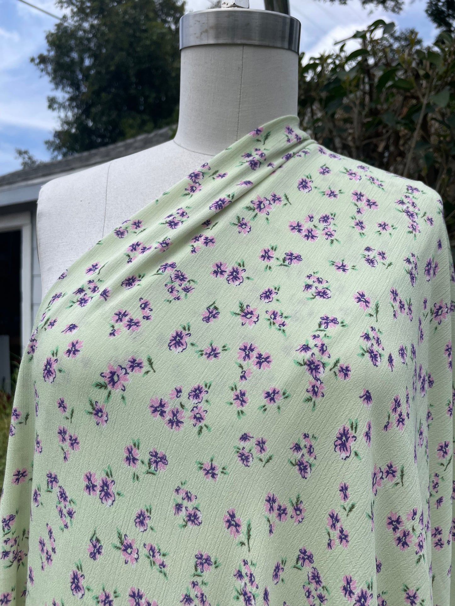 Light Lime Green Purple Ditsy Floral Flower Print Rayon Crepe "Minty Meadow"
