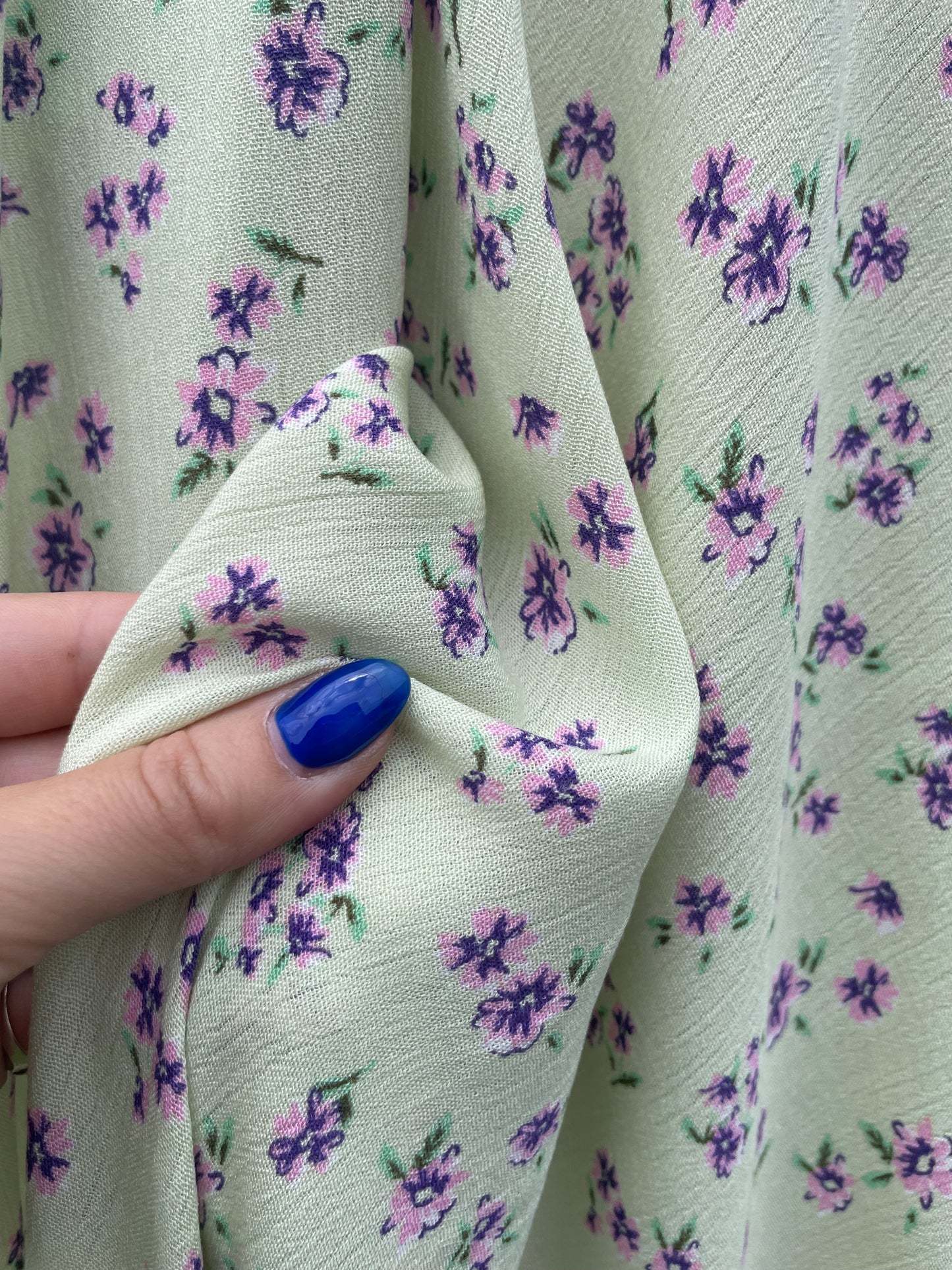 Light Lime Green Purple Ditsy Floral Flower Print Rayon Crepe "Minty Meadow"