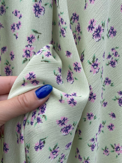 Light Lime Green Purple Ditsy Floral Flower Print Rayon Crepe "Minty Meadow"