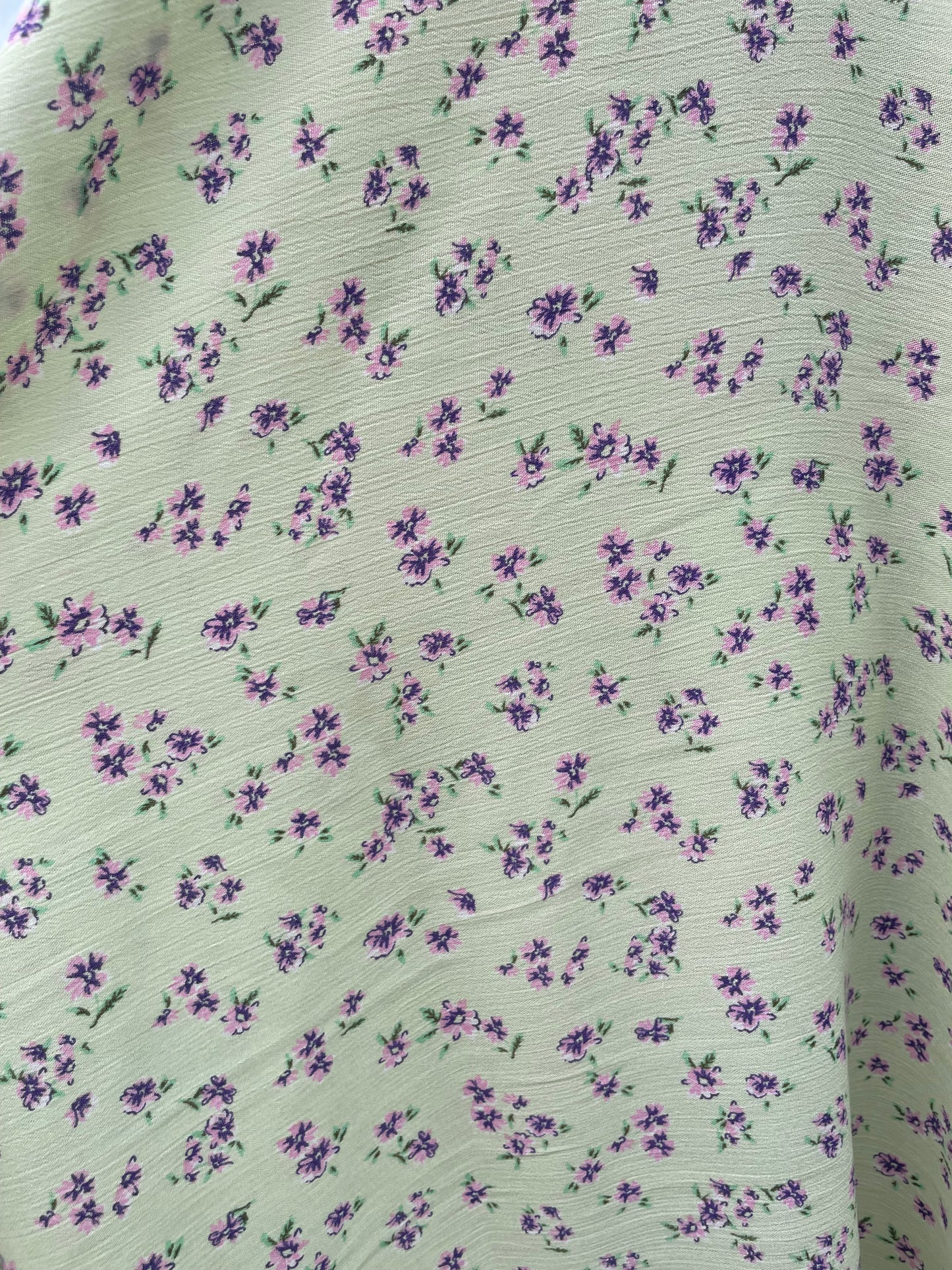 Light Lime Green Purple Ditsy Floral Flower Print Rayon Crepe "Minty Meadow"