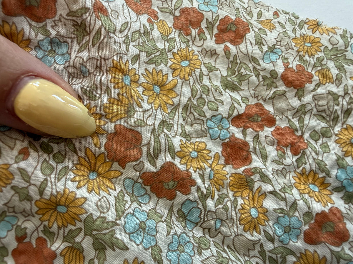 White Blue Sage Rust Floral Print Cotton Poplin "Emma Mae"