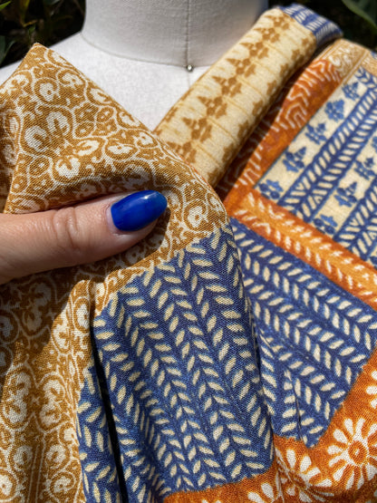 Blue Rust Yellow Gold Block Print Style Soft Rayon Crepe " Block Summer"