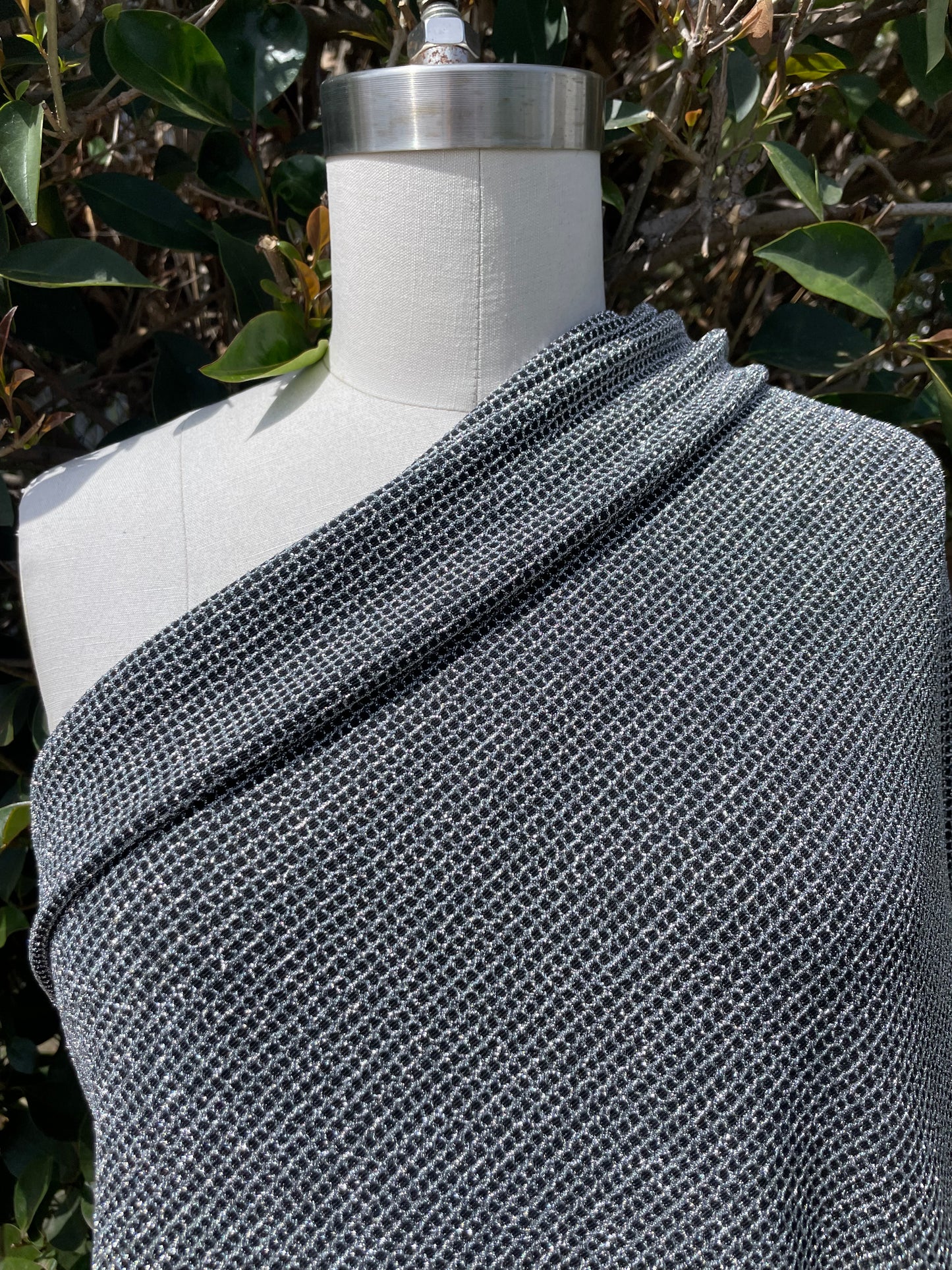 Black Silver Square Grid Polyester Spandex Stretch Knit "Chain Spark"