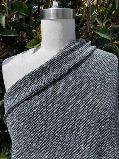 Black Silver Square Grid Polyester Spandex Stretch Knit "Chain Spark"