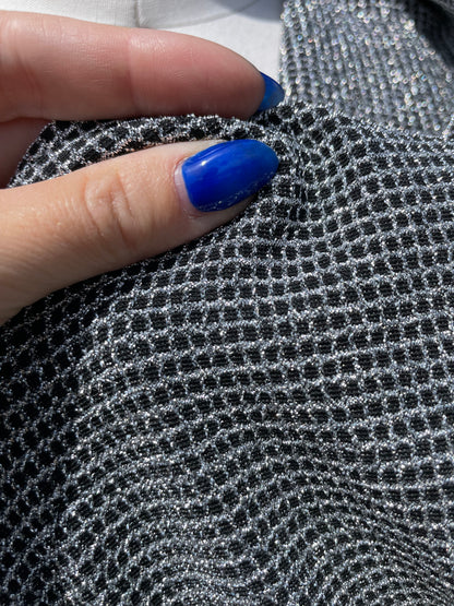 Black Silver Square Grid Polyester Spandex Stretch Knit "Chain Spark"