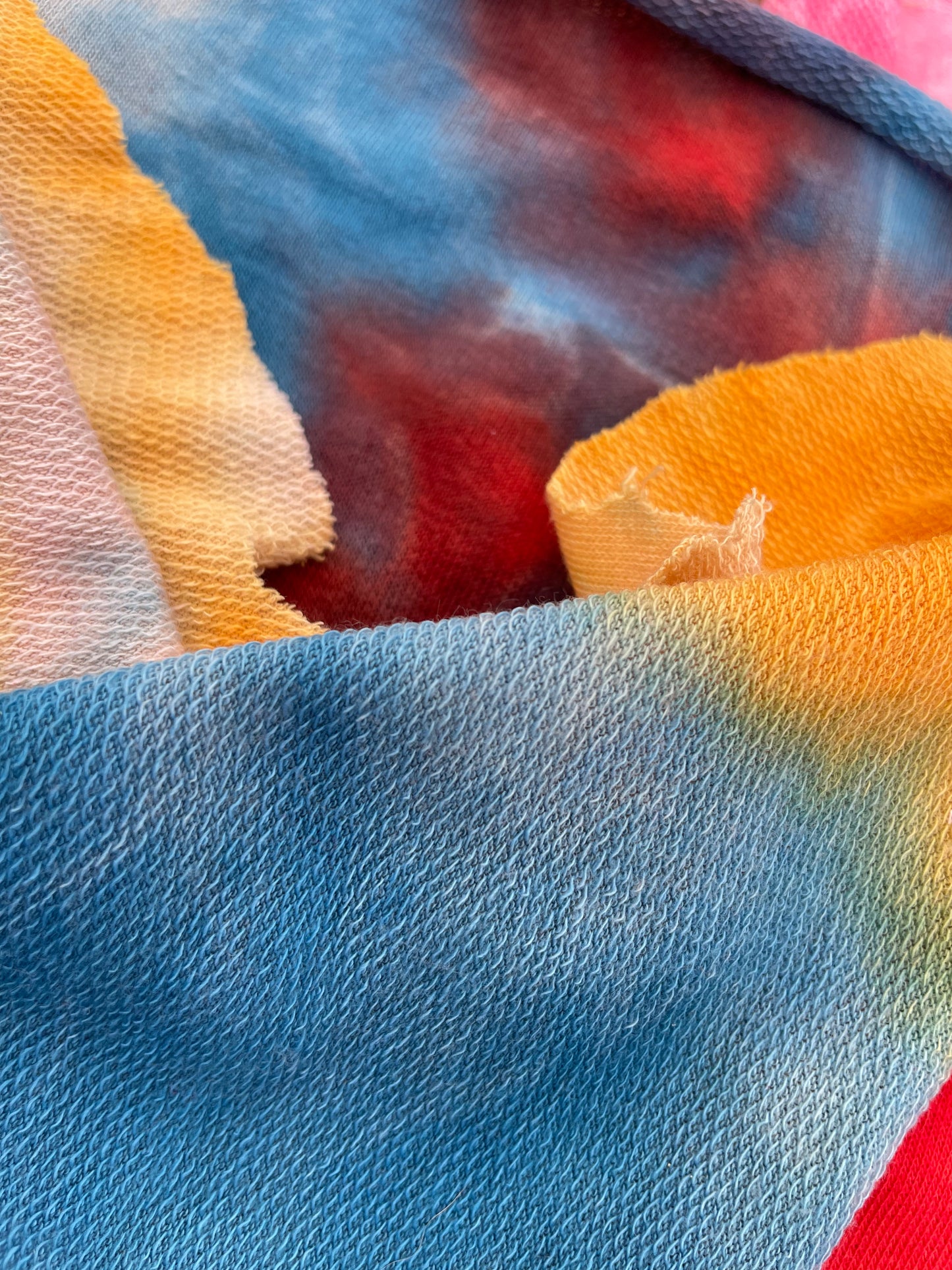 Blue Red Yellow Rayon Spandex French Terry Yoga Jersey Fabric "Melted Snowcone"