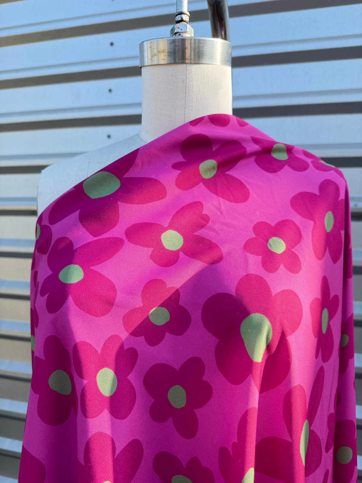 Magenta Pink Green Daisy Floral Print Polyester Crepe Woven "Loud Magenta"
