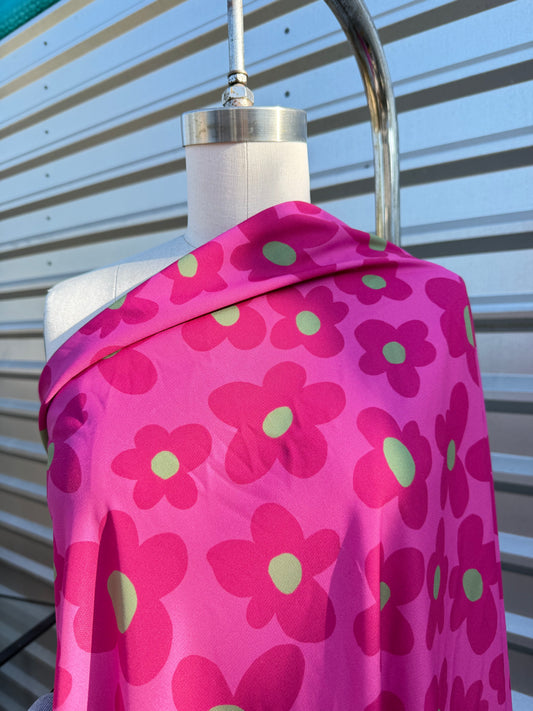 Magenta Pink Green Daisy Floral Print Polyester Crepe Woven "Loud Magenta"