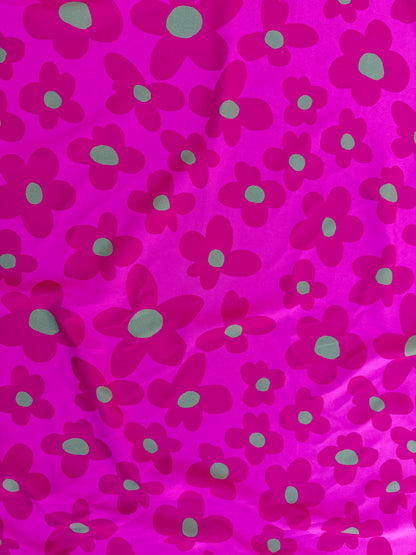 Magenta Pink Green Daisy Floral Print Polyester Crepe Woven "Loud Magenta"