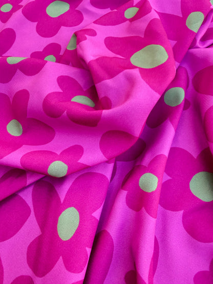 Magenta Pink Green Daisy Floral Print Polyester Crepe Woven "Loud Magenta"
