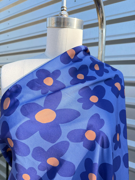 Blue Yellow Daisy Floral Print Polyester Crepe Woven "Loud Indigo"