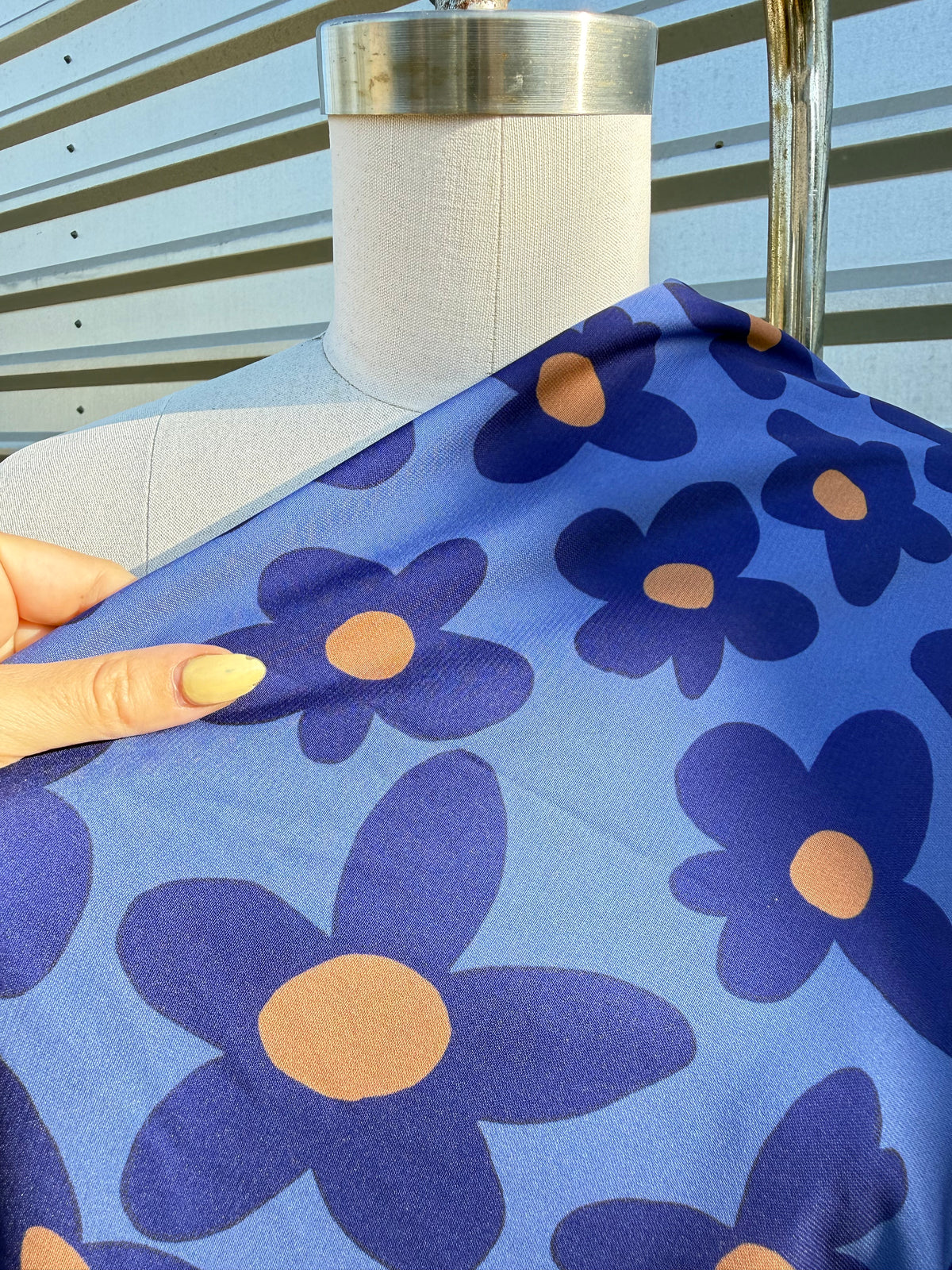Blue Yellow Daisy Floral Print Polyester Crepe Woven "Loud Indigo"