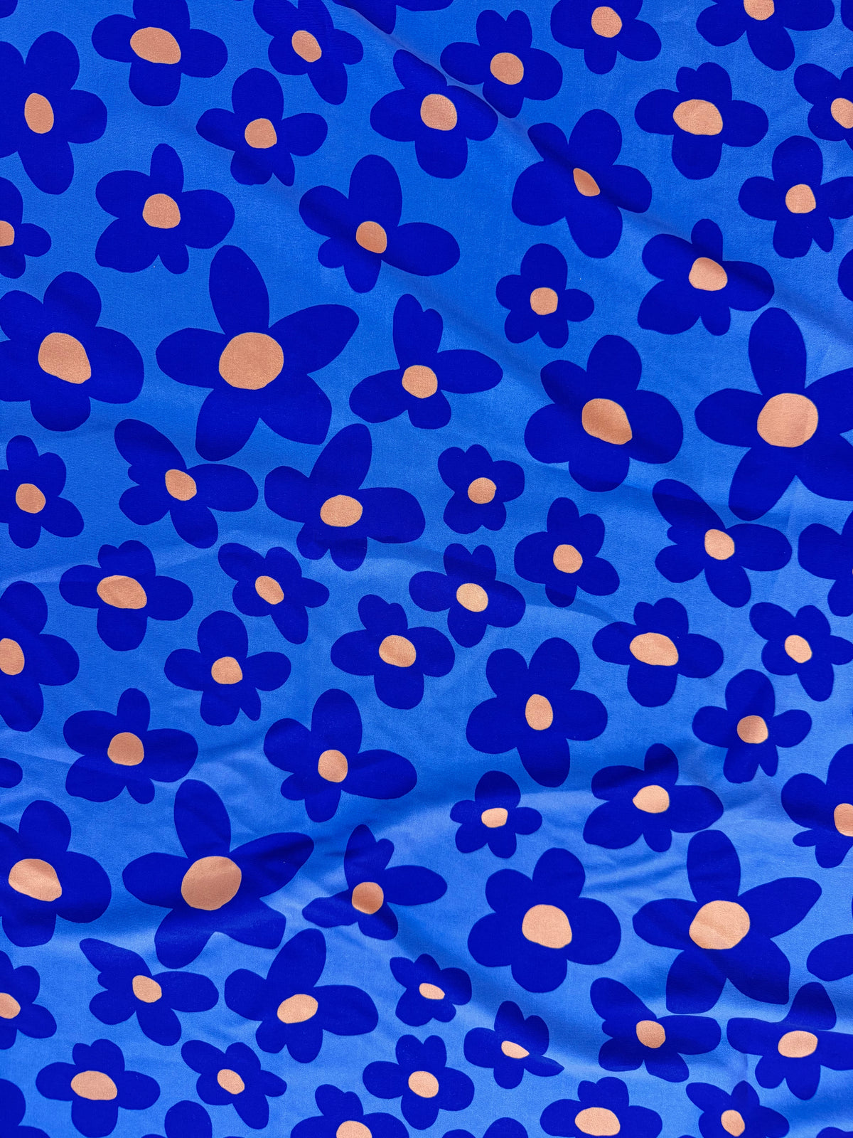 Blue Yellow Daisy Floral Print Polyester Crepe Woven "Loud Indigo"