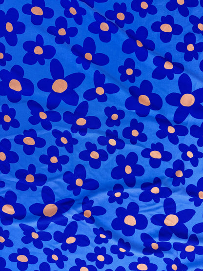Blue Yellow Daisy Floral Print Polyester Crepe Woven "Loud Indigo"