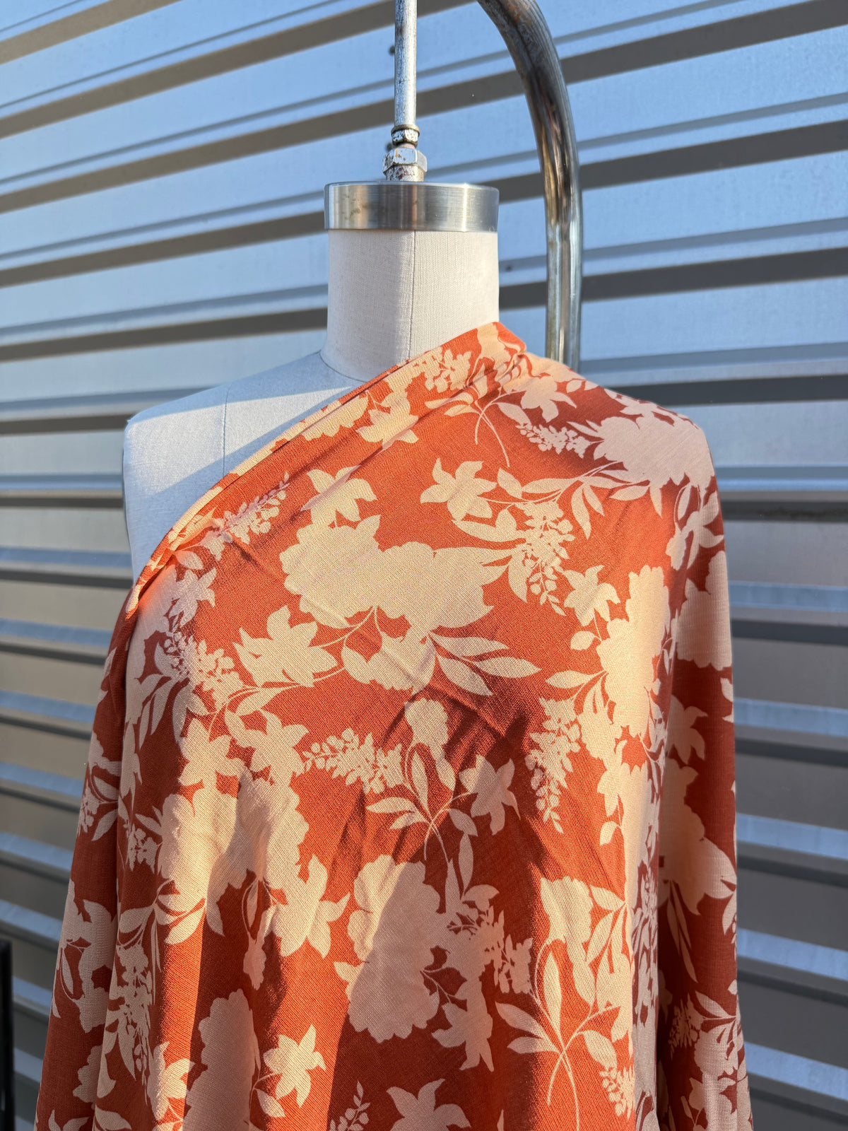 Rust Orange White Floral Textured Rayon Spandex Challis Woven "Rusty's Garden"