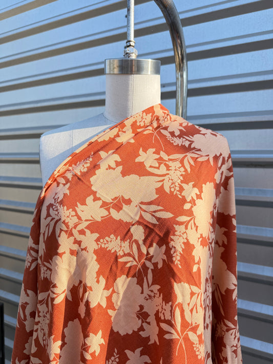 Rust Orange White Floral Textured Rayon Spandex Challis Woven "Rusty's Garden"