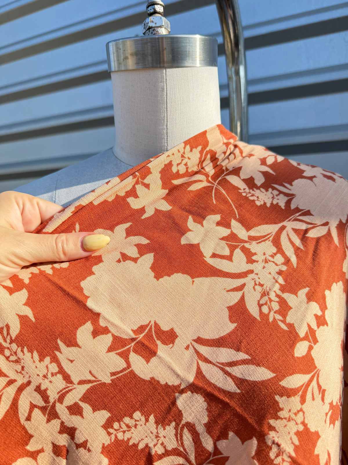 Rust Orange White Floral Textured Rayon Spandex Challis Woven "Rusty's Garden"